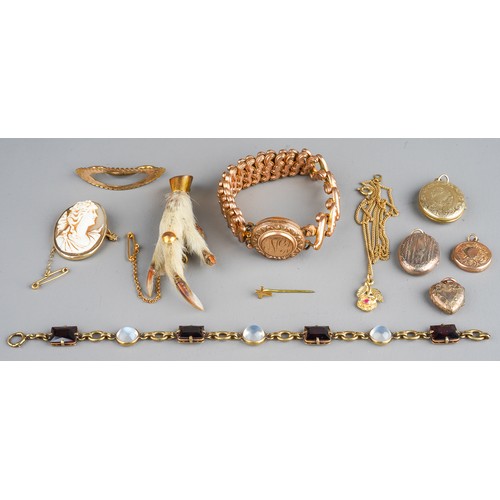 67 - A collection of jewellery, including rolled gold lockets, a Victorian gold plated bracelet (af); a m... 