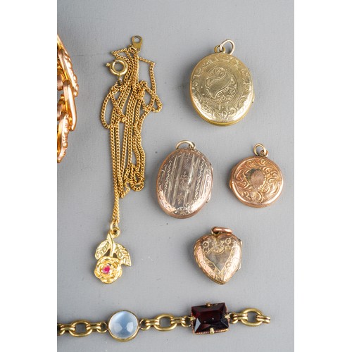 67 - A collection of jewellery, including rolled gold lockets, a Victorian gold plated bracelet (af); a m... 