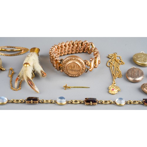 67 - A collection of jewellery, including rolled gold lockets, a Victorian gold plated bracelet (af); a m... 