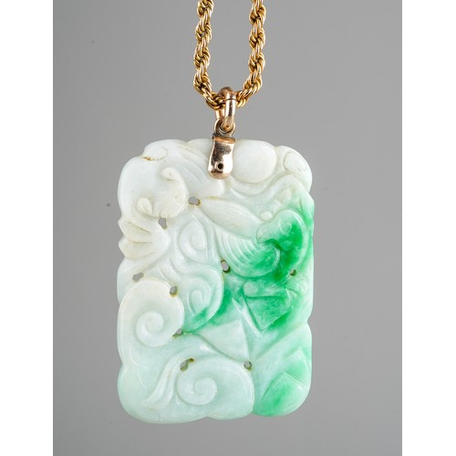 68 - A Chinese carved jade pendant, on a 9ct gold rope twist chain, total gross weight approx 32.5g  (gol... 