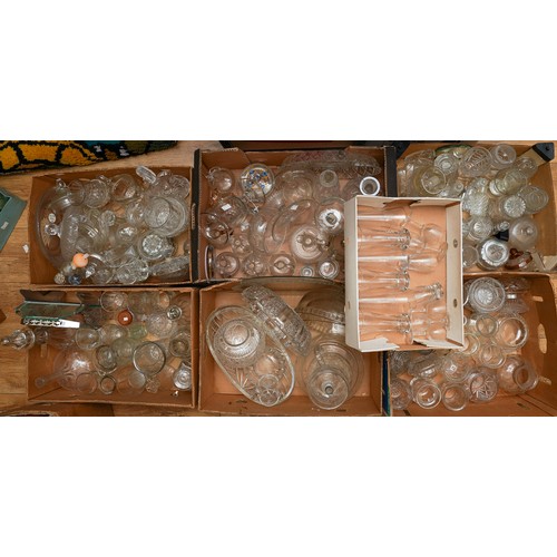 123 - Seven boxes of assorted cut and moulded glass to include: condiment jars, drinking glasses, decanter... 