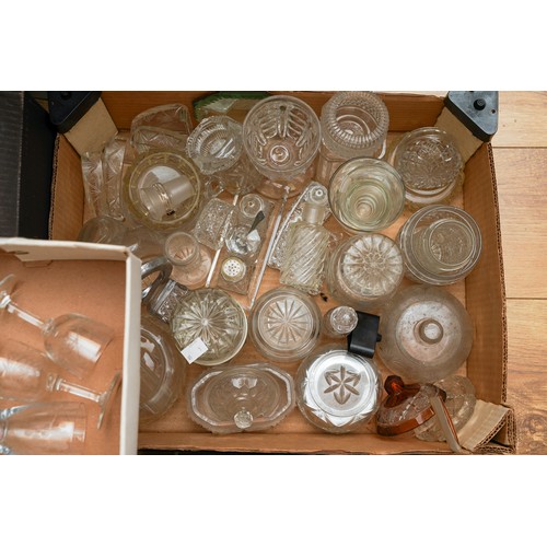 123 - Seven boxes of assorted cut and moulded glass to include: condiment jars, drinking glasses, decanter... 