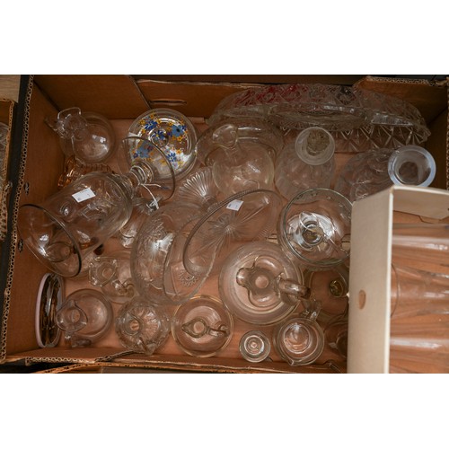 123 - Seven boxes of assorted cut and moulded glass to include: condiment jars, drinking glasses, decanter... 