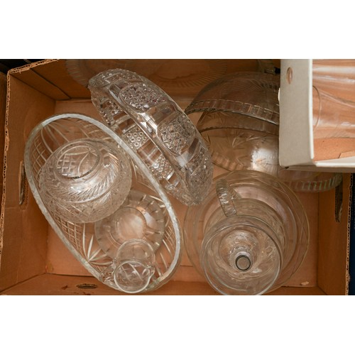 123 - Seven boxes of assorted cut and moulded glass to include: condiment jars, drinking glasses, decanter... 