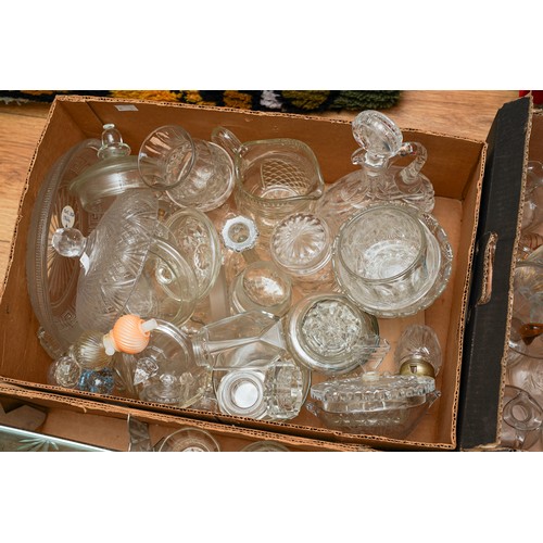 123 - Seven boxes of assorted cut and moulded glass to include: condiment jars, drinking glasses, decanter... 