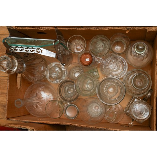 123 - Seven boxes of assorted cut and moulded glass to include: condiment jars, drinking glasses, decanter... 