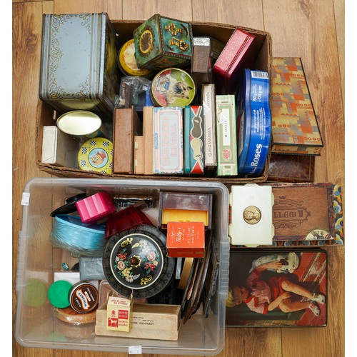 124 - A collection of vintage biscuit, chocolate tins together with cigar, cigarette and soap boxes (2 box... 