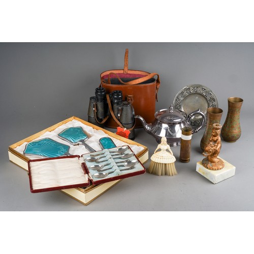 152 - Collection of silver plated items, metal wear, binoculars, dressing table set etc.