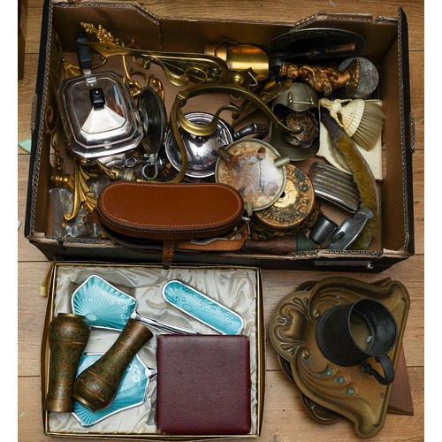 152 - Collection of silver plated items, metal wear, binoculars, dressing table set etc.