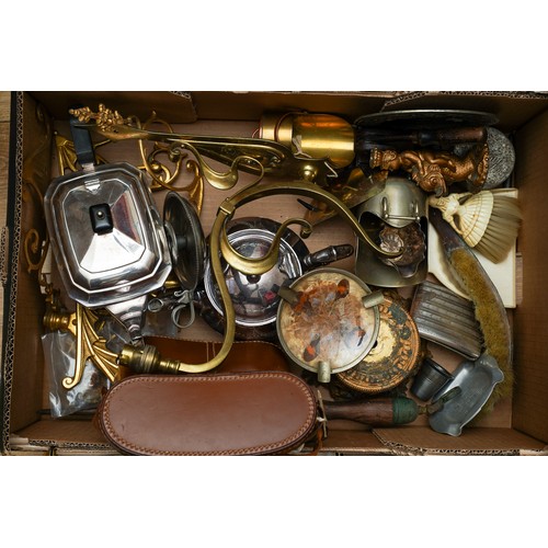 152 - Collection of silver plated items, metal wear, binoculars, dressing table set etc.