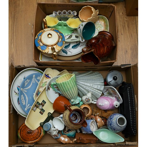 156 - Two boxes of assorted pottery to include Denby, Wedgwood, tea pot, mid century pottery etc.