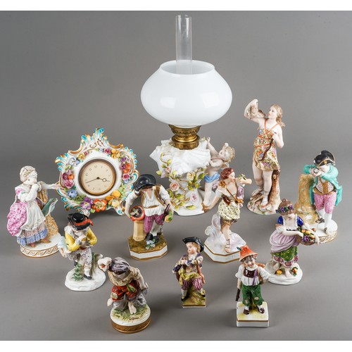 170 - Collection of Continental porcelain figures to include a pair of Meissen ones (af), German incrusted... 