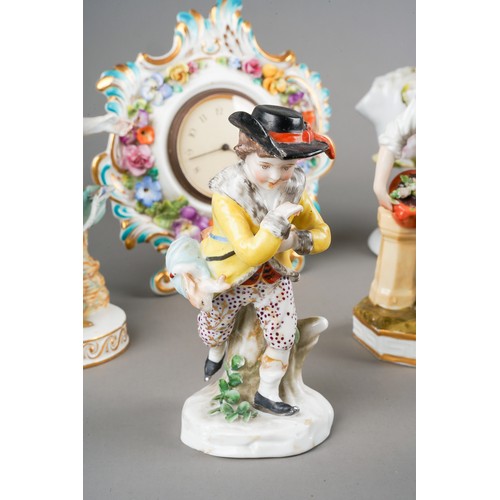 170 - Collection of Continental porcelain figures to include a pair of Meissen ones (af), German incrusted... 