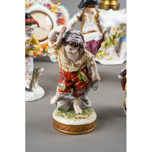 170 - Collection of Continental porcelain figures to include a pair of Meissen ones (af), German incrusted... 