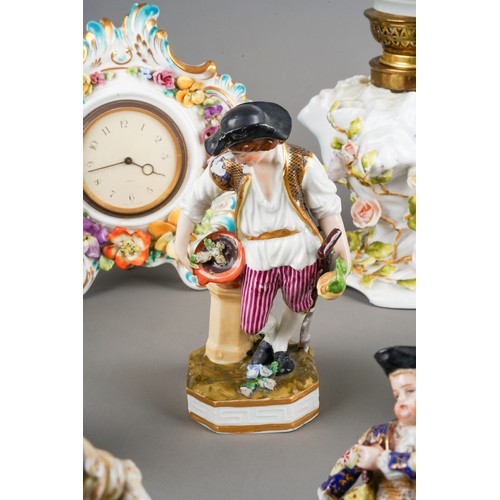 170 - Collection of Continental porcelain figures to include a pair of Meissen ones (af), German incrusted... 