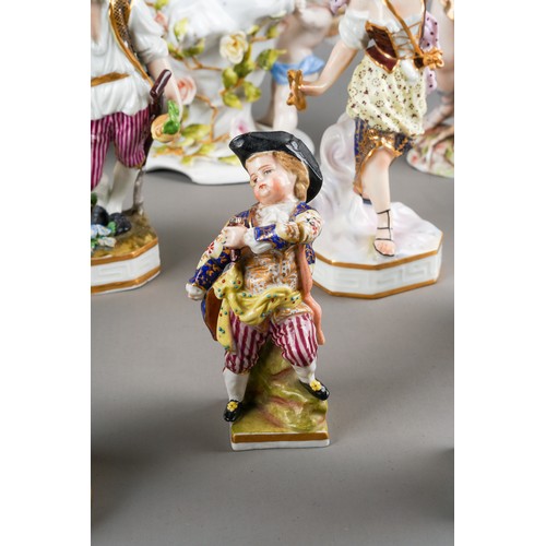 170 - Collection of Continental porcelain figures to include a pair of Meissen ones (af), German incrusted... 