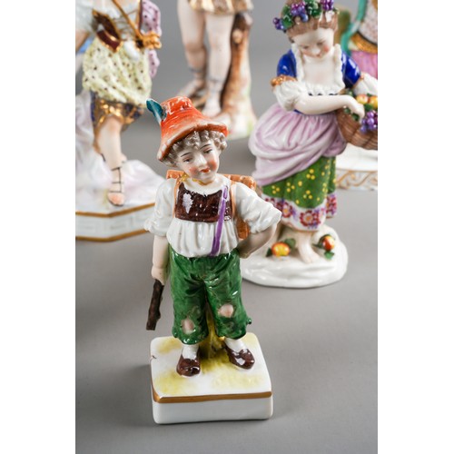 170 - Collection of Continental porcelain figures to include a pair of Meissen ones (af), German incrusted... 