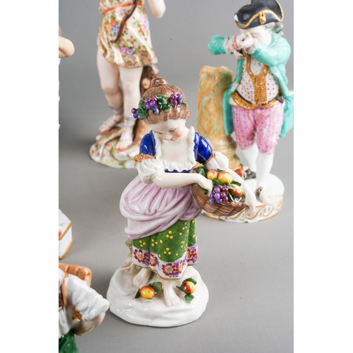 170 - Collection of Continental porcelain figures to include a pair of Meissen ones (af), German incrusted... 