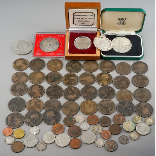 242 - A quantity of coins, including Victorian and later pennies, pre and post 1947, commemorative £5 coin... 