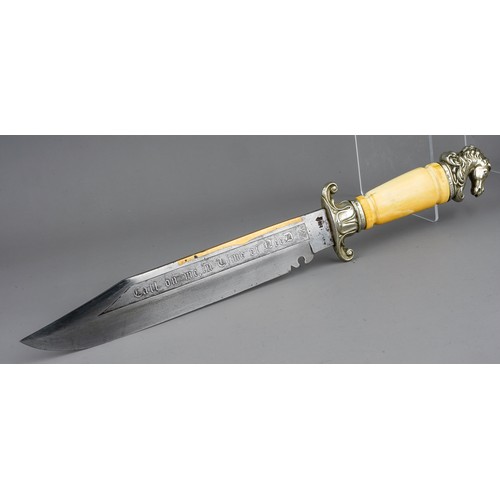 254 - Bowie knife. Circa 1886 with horse head pommel which is Sheffield plate - stamped, as is the cross g...