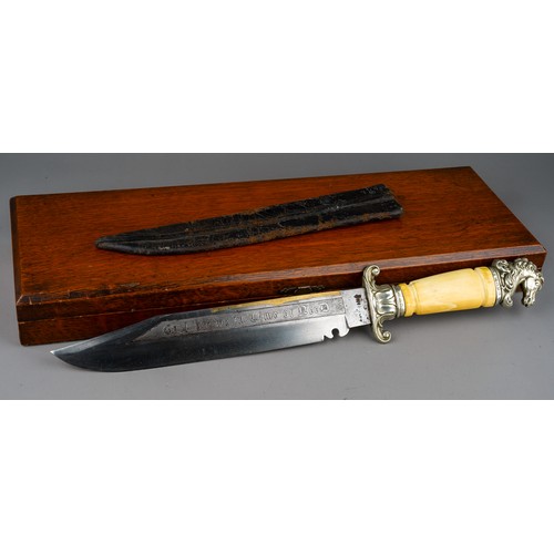 254 - Bowie knife. Circa 1886 with horse head pommel which is Sheffield plate - stamped, as is the cross g... 