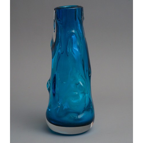 635 - Whitefriars turquoise glass vase pattern No. 9612 designed by Harry Dyer 1964 has original paper lab... 