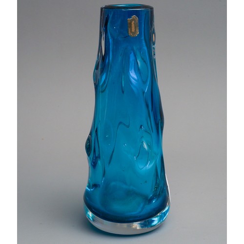 635 - Whitefriars turquoise glass vase pattern No. 9612 designed by Harry Dyer 1964 has original paper lab... 