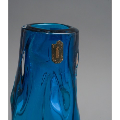 635 - Whitefriars turquoise glass vase pattern No. 9612 designed by Harry Dyer 1964 has original paper lab... 