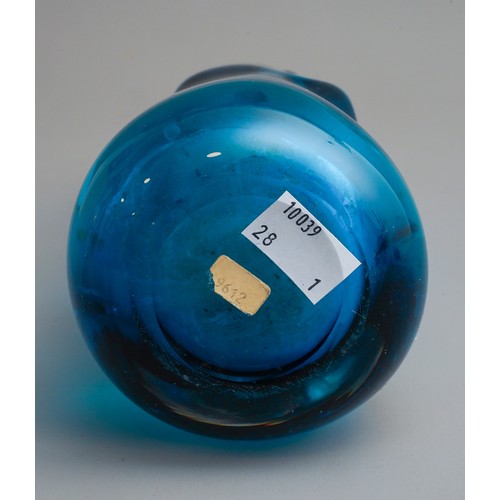 635 - Whitefriars turquoise glass vase pattern No. 9612 designed by Harry Dyer 1964 has original paper lab... 