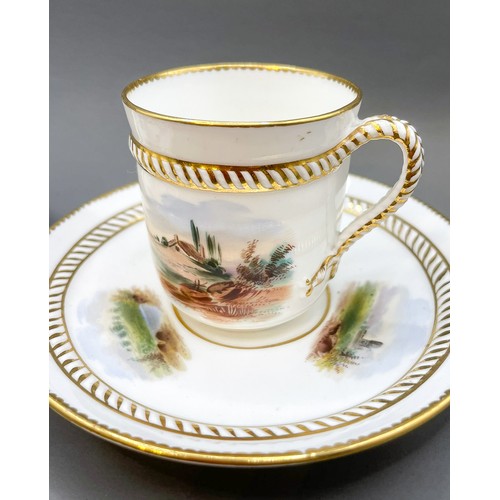 173 - Two English porcelain cups and saucers with hand painted panels and rope handles