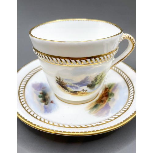 173 - Two English porcelain cups and saucers with hand painted panels and rope handles