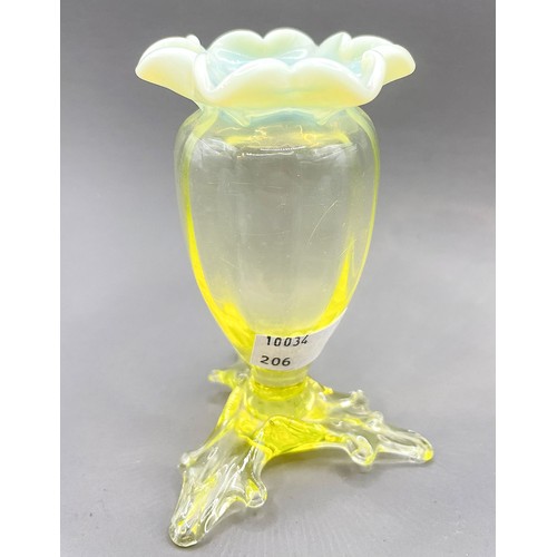 179 - 3 opaline / uranium glass pieces to include 2 vases and a small oi lamp base, tallest approx. 11 cm