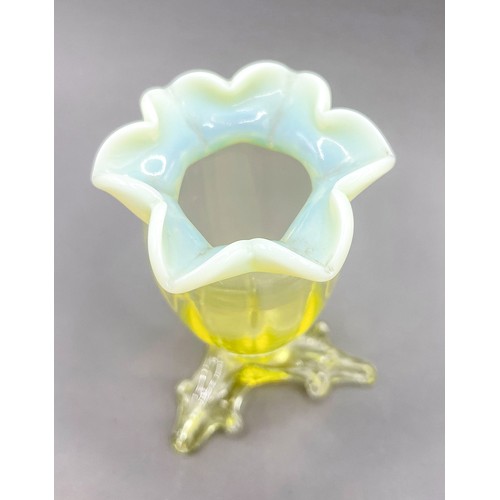 179 - 3 opaline / uranium glass pieces to include 2 vases and a small oi lamp base, tallest approx. 11 cm