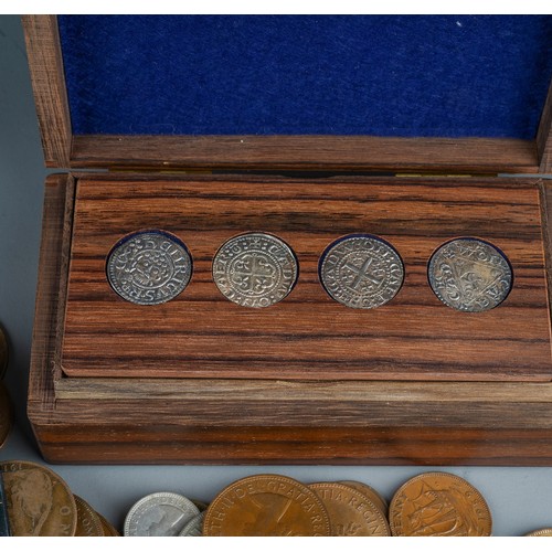 609 - A large quantity of coinage to include a replica hammered coin set in a wooden box,  etc. (1 box)