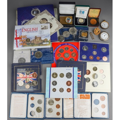 608 - Collection of commemorative coinage and proof sets including 1 ounce Britannia silver coin, silver 5... 