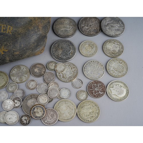 607 - Quantity of silver and half silver coinage to include silver dollars, Victorian crows etc.  together... 
