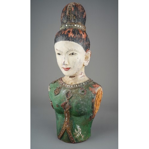 535 - An Asian decorative painted wood bust of a young woman, with jewel decoration, approx 41cm high