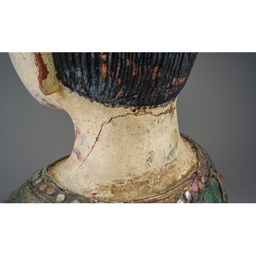 535 - An Asian decorative painted wood bust of a young woman, with jewel decoration, approx 41cm high