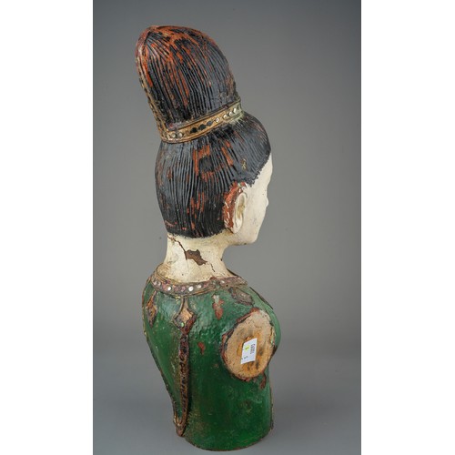 535 - An Asian decorative painted wood bust of a young woman, with jewel decoration, approx 41cm high