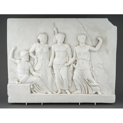 537 - A plaster panel depicting four Classical figures in relief, approx 53 x 44cm