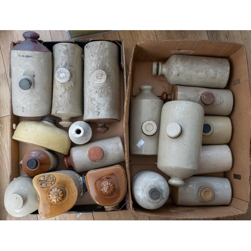 598 - Assorted vintage stoneware bed warmers (18) - 2 boxes

NOTE: This lot is not available for in-house ... 