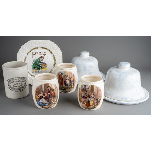 596 - Three Sandland Ware Cries of London transfer printed jars with two pottery cheese domes and stands e... 