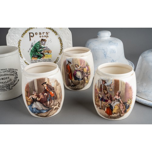 596 - Three Sandland Ware Cries of London transfer printed jars with two pottery cheese domes and stands e... 