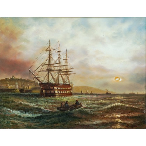 Continental School (19th Century)
Three mast ship in port with figures in row boat to foreground
oil on panel, 23 x 29cm 
signed indistinctly lower right, gilt framed