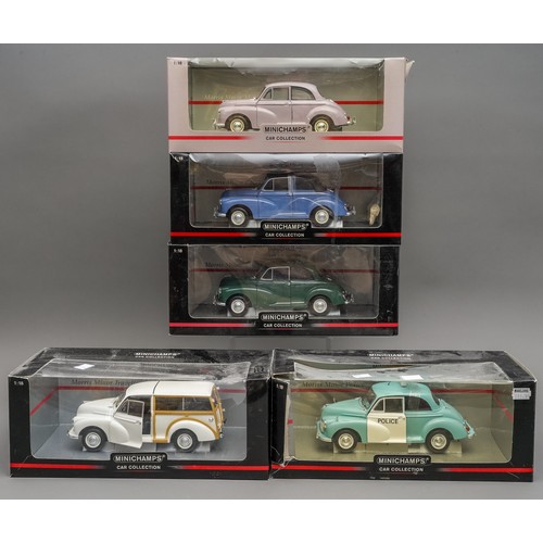 585 - Minichamps Car Collection 5 Morris Minor Saloons and Travellers Boxed