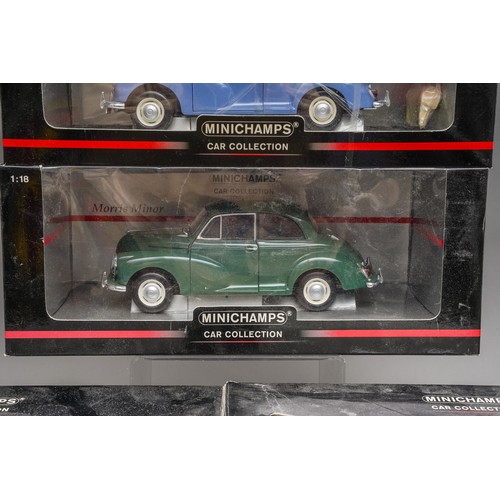 585 - Minichamps Car Collection 5 Morris Minor Saloons and Travellers Boxed