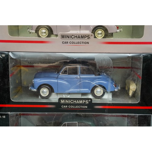 585 - Minichamps Car Collection 5 Morris Minor Saloons and Travellers Boxed