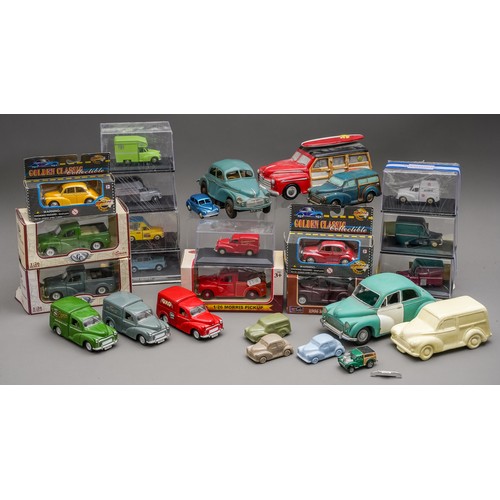 591 - A collection of various Morris Minor diecast vehicles and ceramic ornaments plus a tray of 6 Oxford ... 