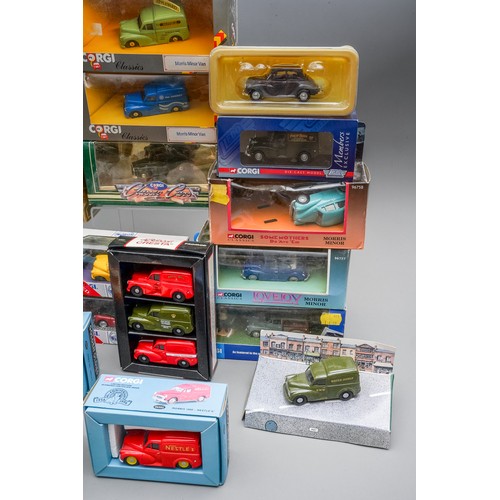 590 - Corgi diecast collection of three boxed Morris Minor vechicles (2 boxes)