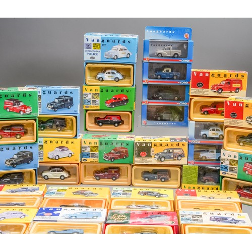 589 - Vanguards diecast collection of 25 Morris Minor Saloons, Vans, Pickups all boxed (2 boxes)